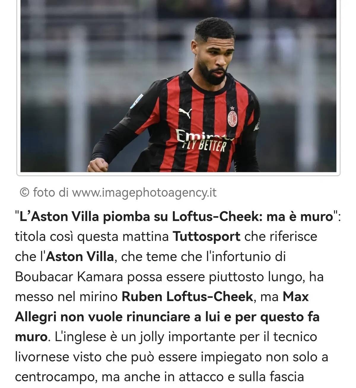 รายงานจากสื่อเซเรียอา: มิลานปฏิเสธการไล่ล่าของแอสตัน วิลล่าในการคว้าตัวชิค โดยอัลเลกรีไม่ต้องการให้เขาจากไป